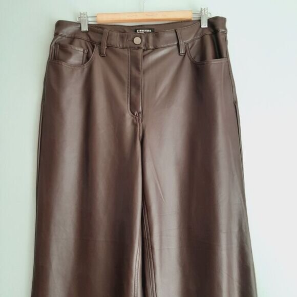 REITMANS Wide Leg High Waist Soft Vegan Faux Leather Pants Brown Sz 16 - Picture 2 of 11